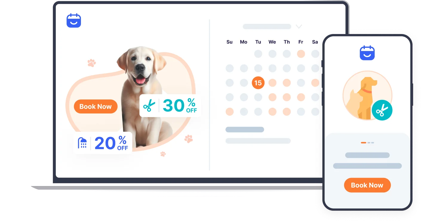 The Bookster app on a laptop and a phone: a dog grooming offer, a booking calendar and a Book Now button
